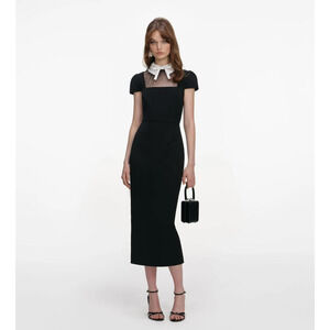 Self-Portrait Black Crepe Bow Collar Midi Dress US 8